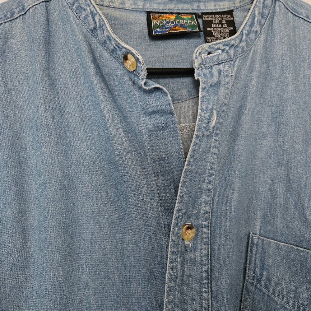 Vintage Denim Shirt Mens XL Band Collar Grandad Collar Timeless Button Up - Picture 3 of 8
